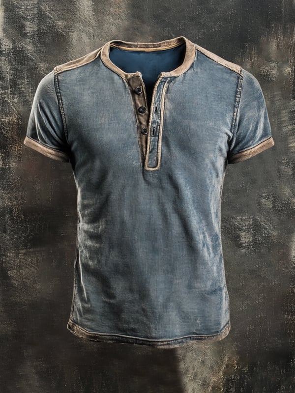 Retro Stil Casual Henley T-skjorte med Fargeblokker for Menn