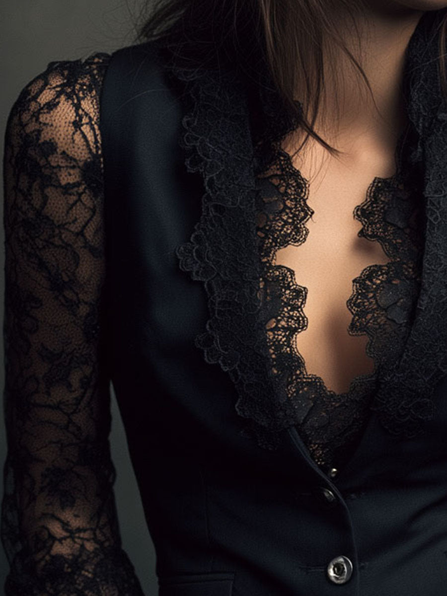 Noémie | Høy Svart Blazer med Semi-Transparente Ermer