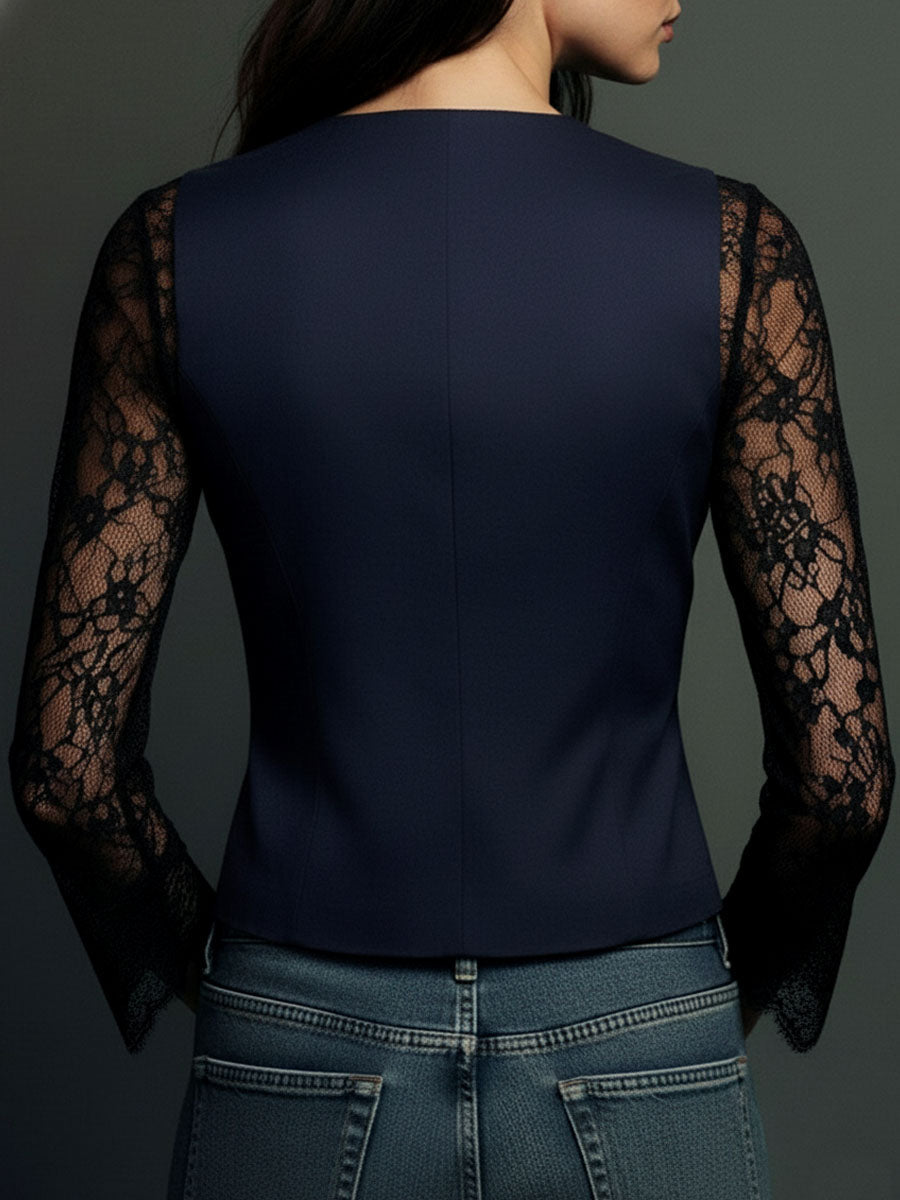 Noémie | Høy Svart Blazer med Semi-Transparente Ermer