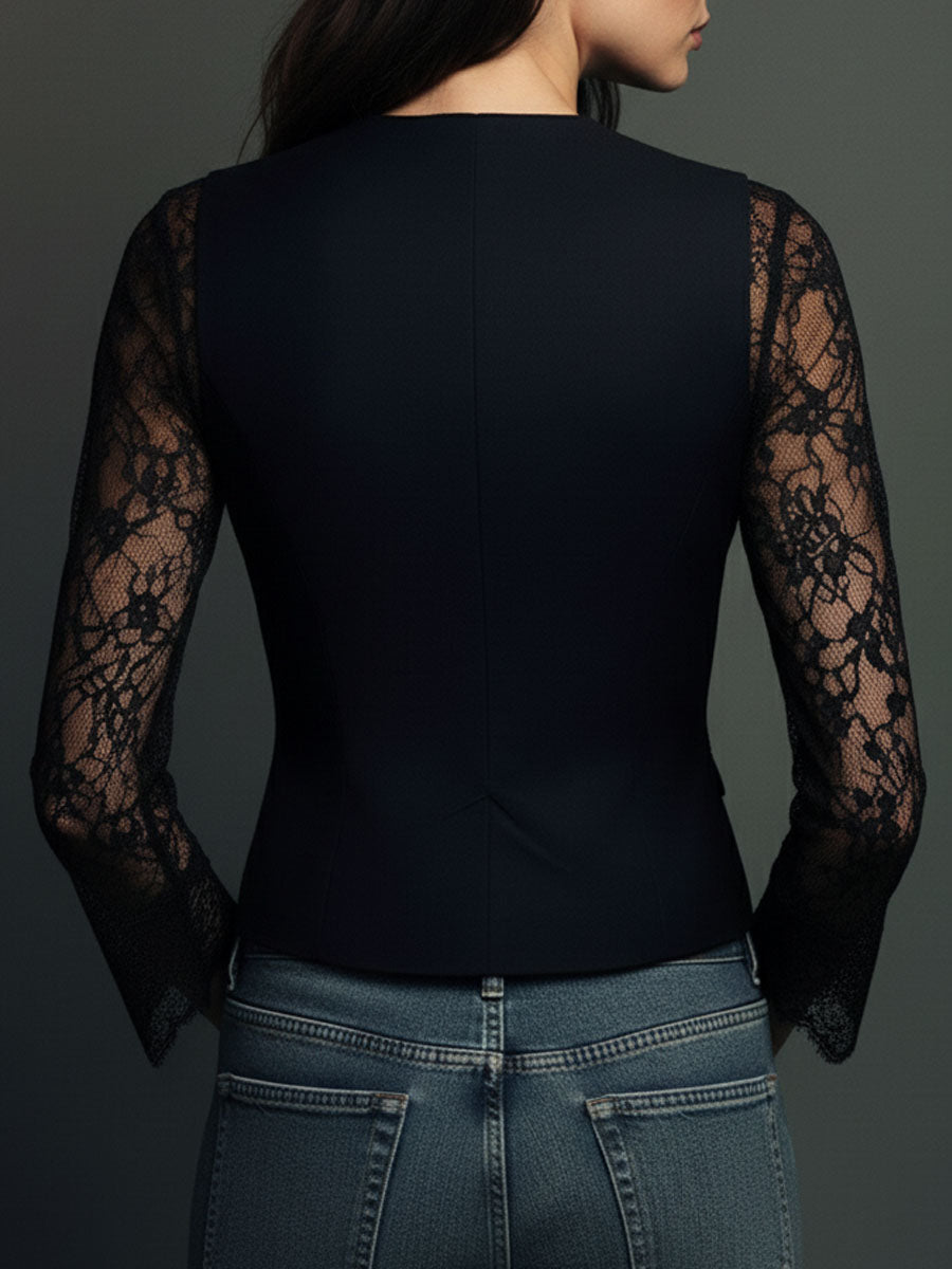 Noémie | Høy Svart Blazer med Semi-Transparente Ermer