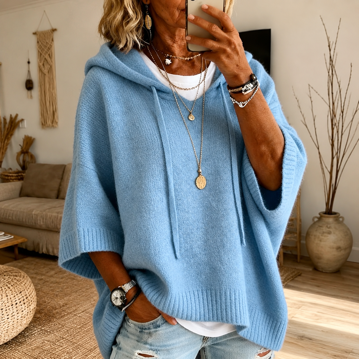 Léa | Poncho-genser med hette i himmelblå