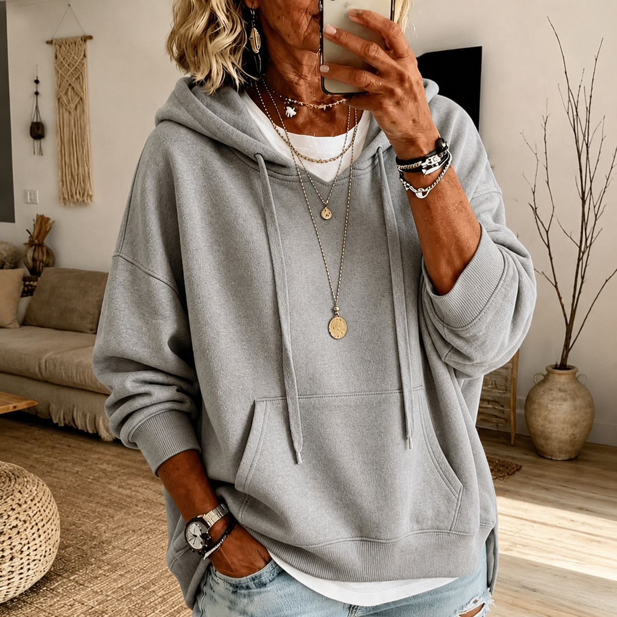 Élise | Oversized genser med hette i lys grå