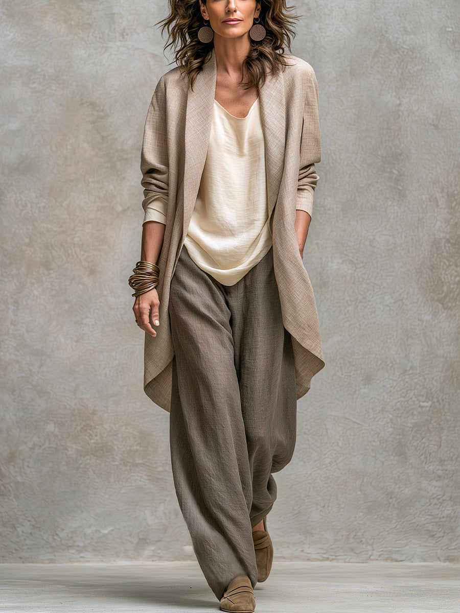 Costanza | Komplett tre-delt beige og grå, casual lag-på-lag, med vide bukser, elegant