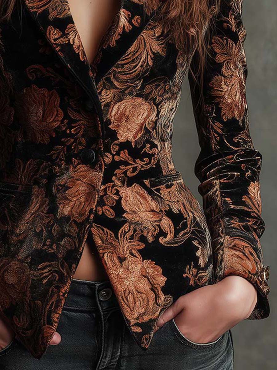 Bertille | Blazer Tailleur Med Blomsterprint i Svart og Bronse