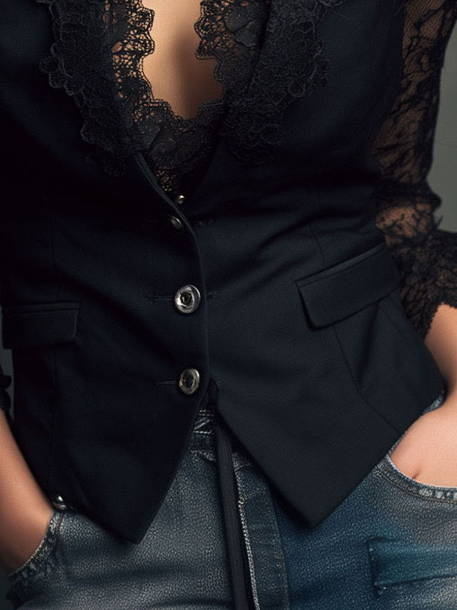 Noémie | Høy Svart Blazer med Semi-Transparente Ermer