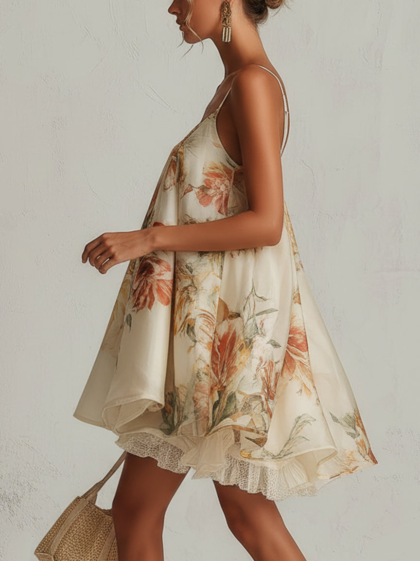 Liliana | Kort A-linjeet kjole i beige organza med blomsterdesign og blondekant