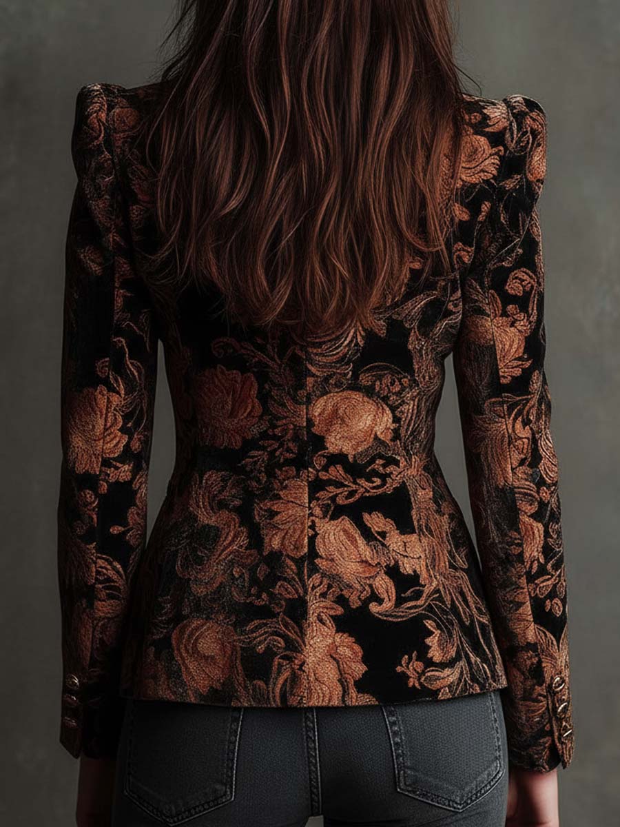 Bertille | Blazer Tailleur Med Blomsterprint i Svart og Bronse