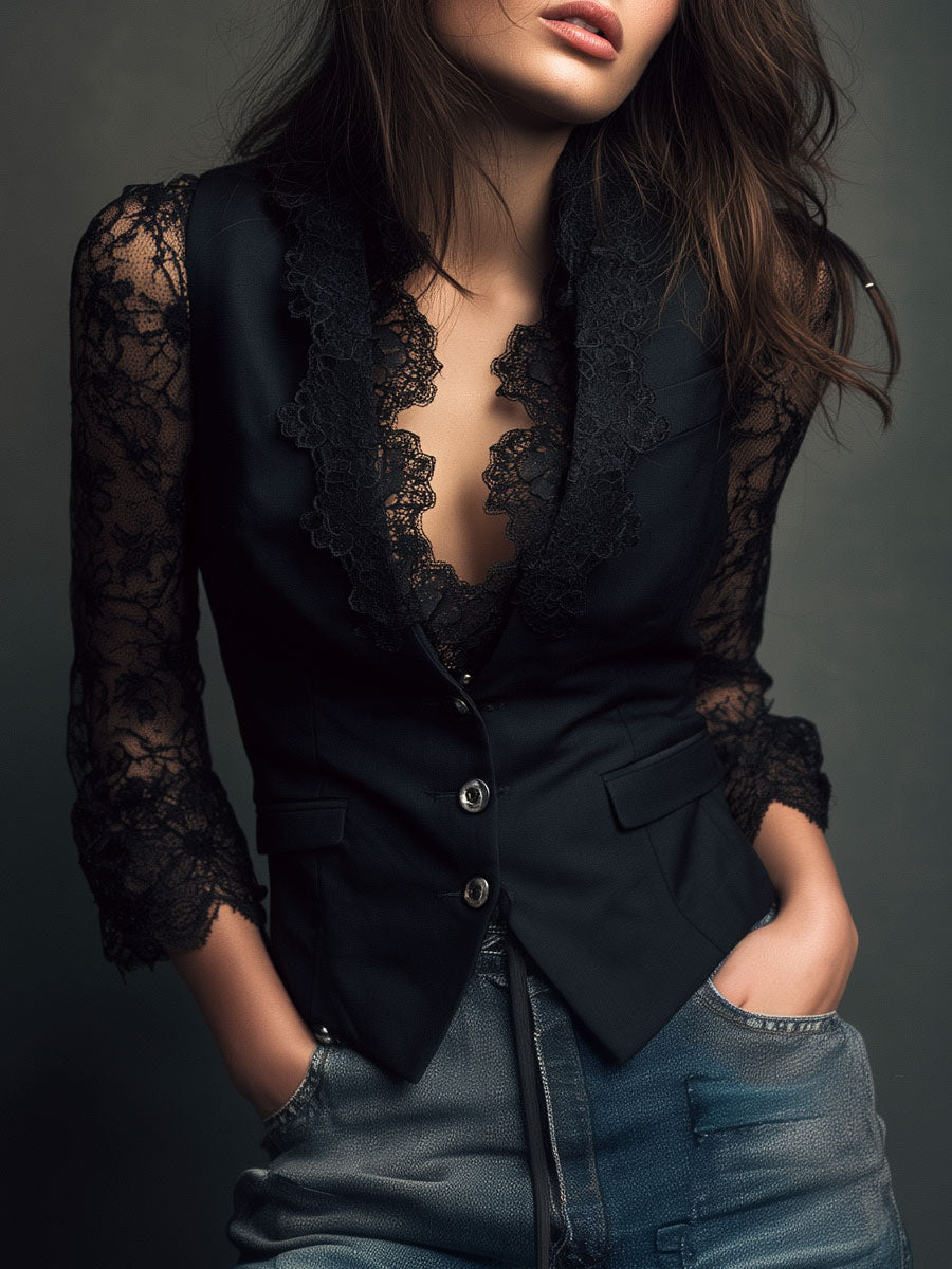 Noémie | Høy Svart Blazer med Semi-Transparente Ermer
