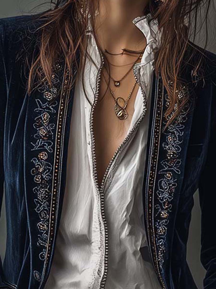 Athénaïs | Lang Brodert Vintage Jakke Marineblå