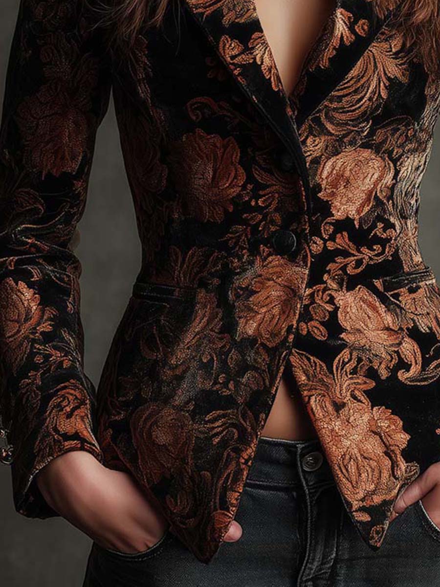 Bertille | Blazer Tailleur Med Blomsterprint i Svart og Bronse