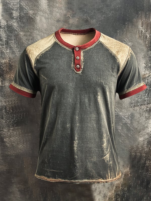 Herre T-skjorte med Henley-hals i retro fargeblokker og korte ermer