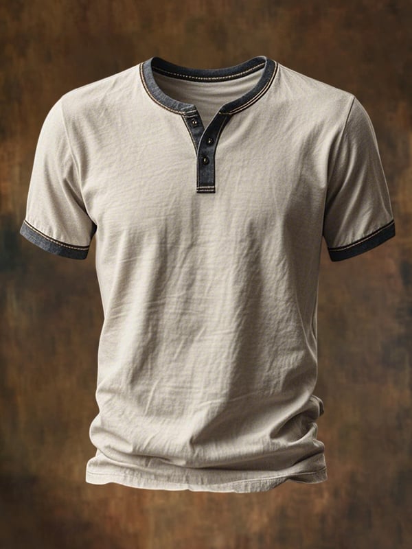 Casual Henley T-skjorte med Korte Ermer i Slitt Stil og Vintage Fargeblokker for Menn
