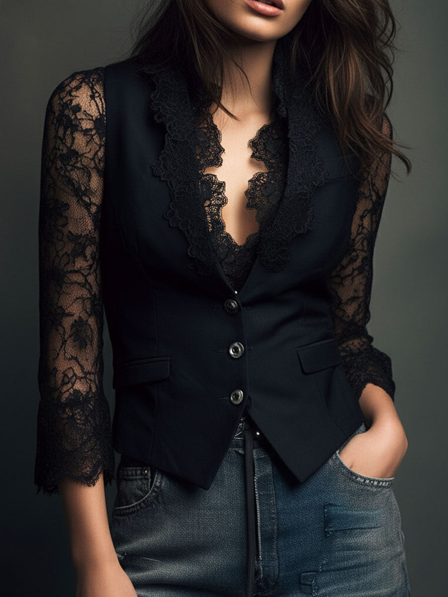 Noémie | Høy Svart Blazer med Semi-Transparente Ermer