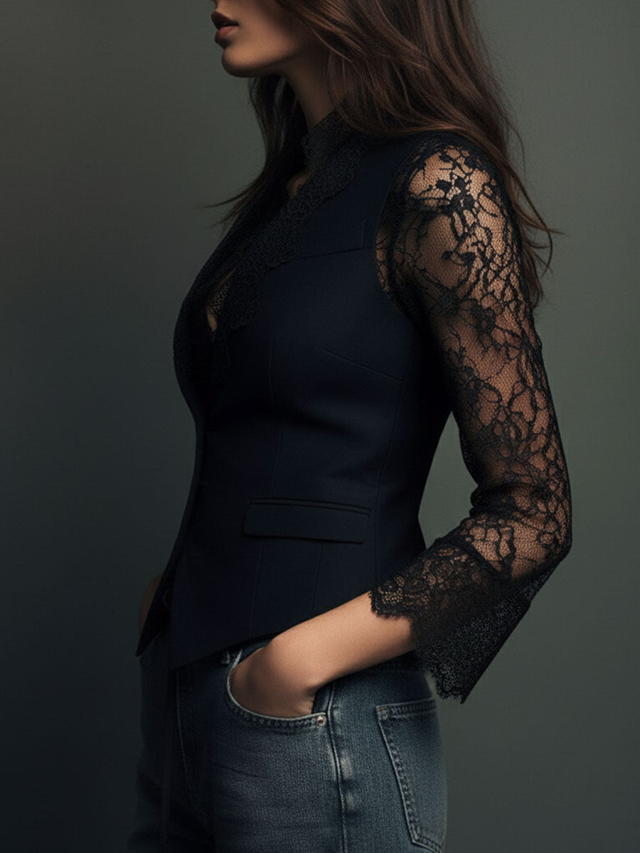 Noémie | Høy Svart Blazer med Semi-Transparente Ermer