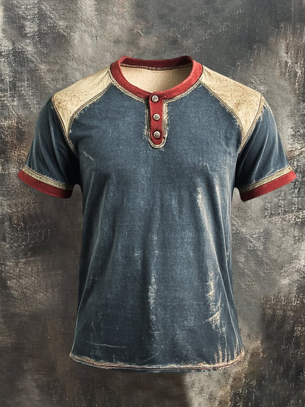 Herre T-skjorte med Henley-hals i retro fargeblokker og korte ermer