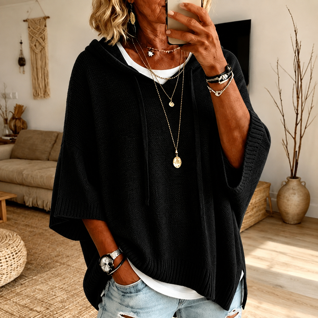 Sophie | Poncho-genser med hette i svart