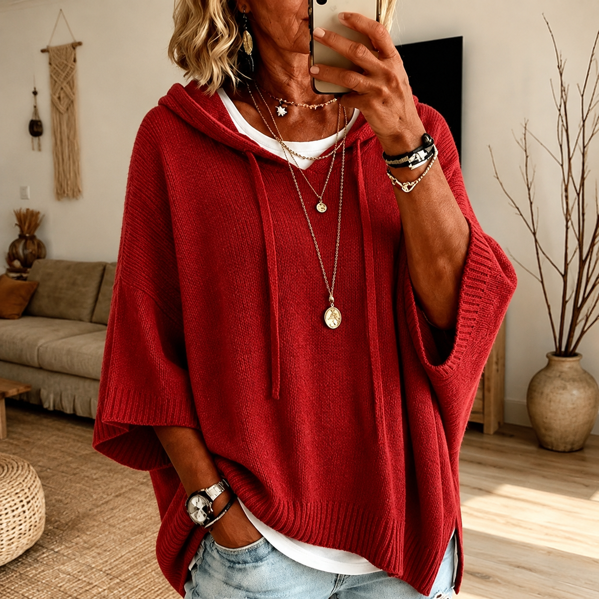 Claire | Poncho-genser med hette i rød
