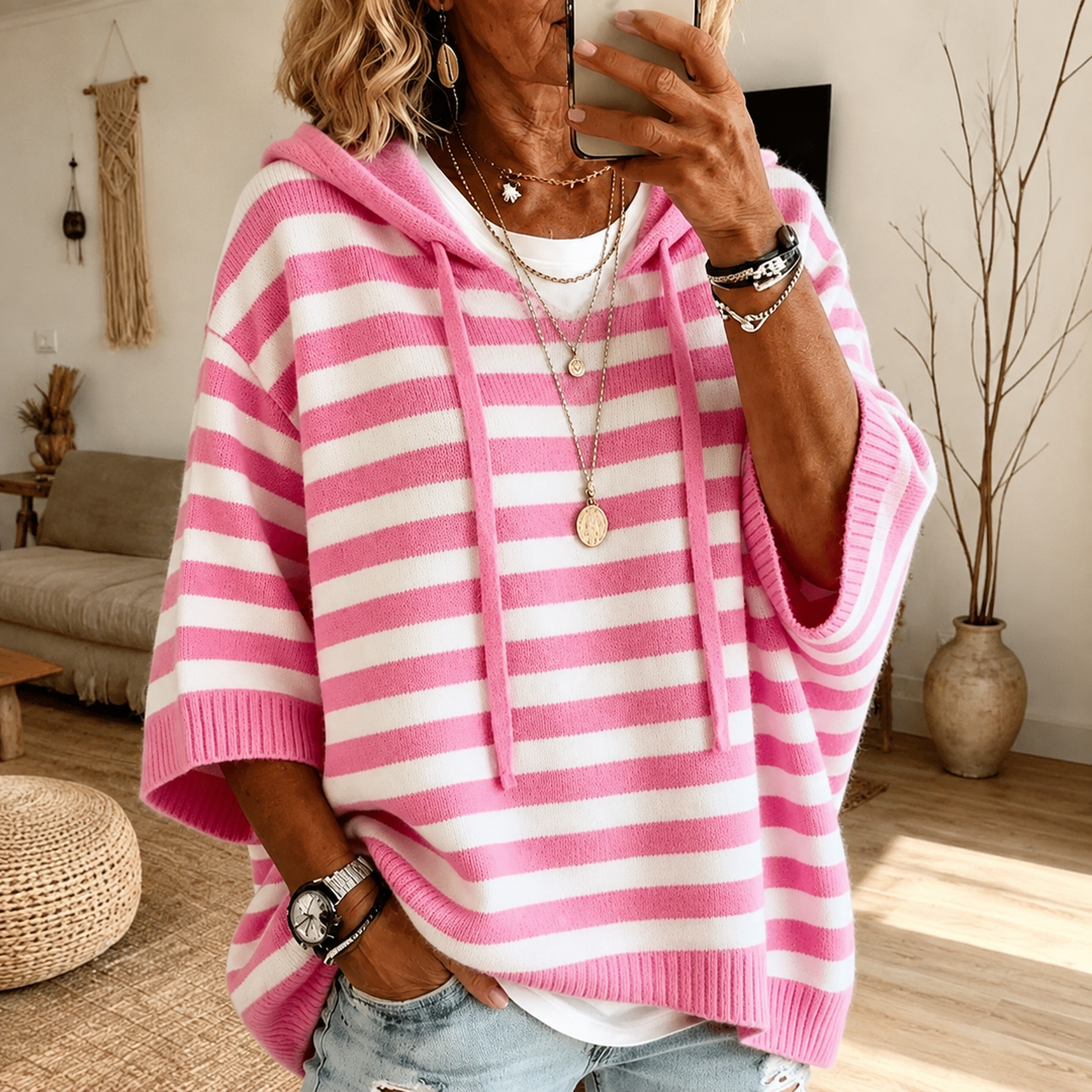 Émilie | Stripete poncho-genser med hette i rosa