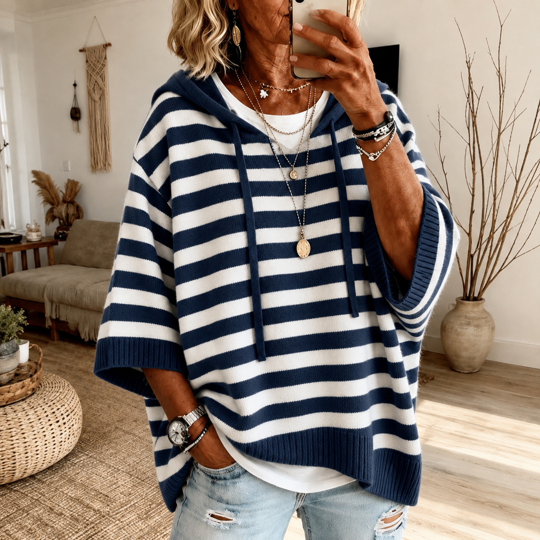 Marine | Stripete poncho-genser med hette