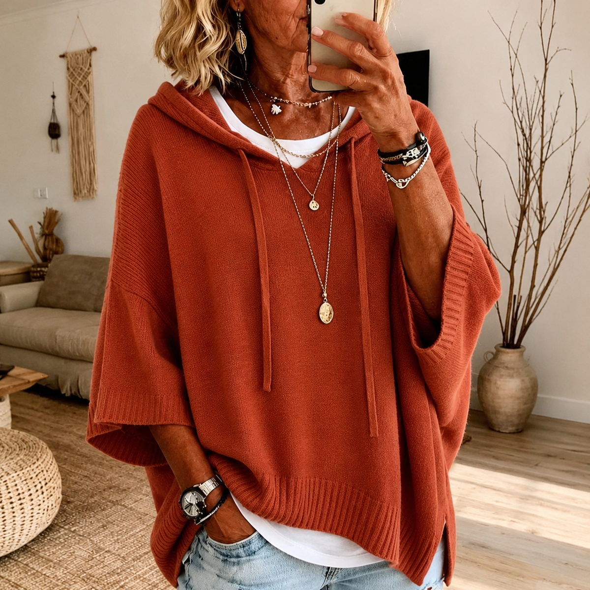 Océane | Poncho-genser med hette i terrakotta