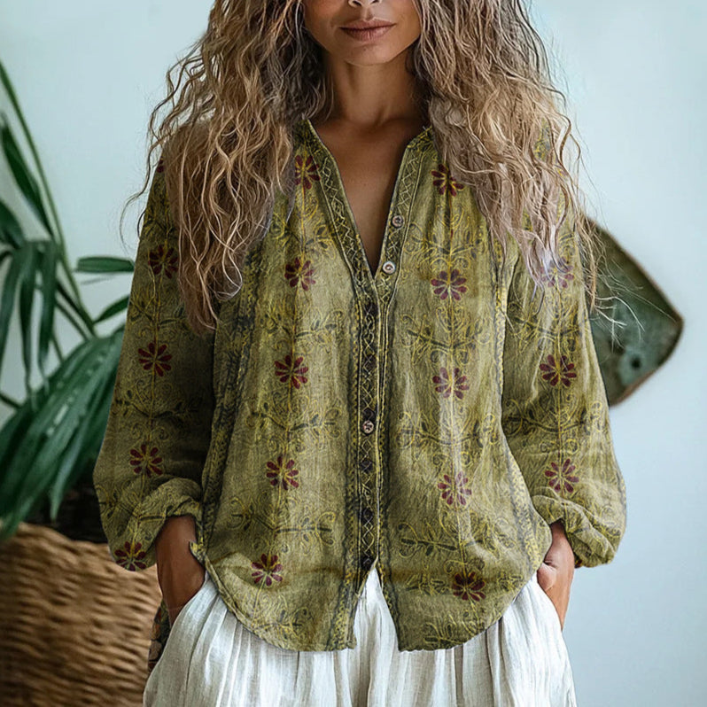 Brianna | Elegant Vintage Bladtrykk Skjorte