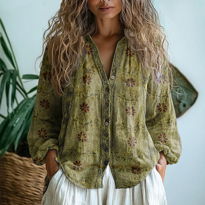 Brianna | Elegant Vintage Bladtrykk Skjorte