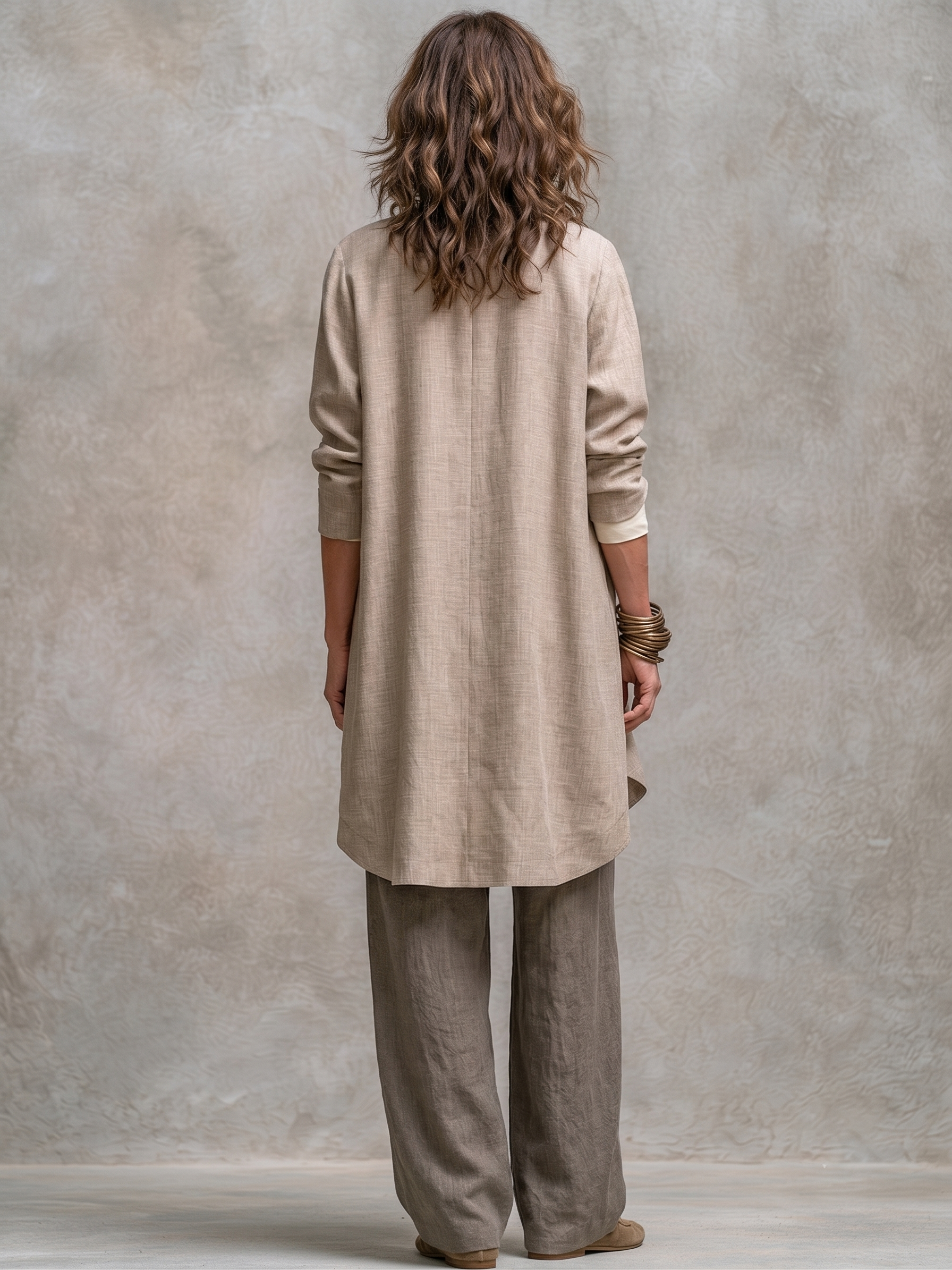 Costanza | Komplett tre-delt beige og grå, casual lag-på-lag, med vide bukser, elegant