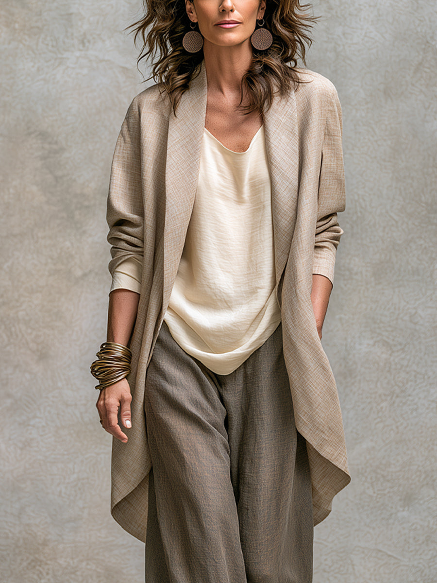 Costanza | Komplett tre-delt beige og grå, casual lag-på-lag, med vide bukser, elegant
