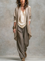 Costanza | Komplett tre-delt beige og grå, casual lag-på-lag, med vide bukser, elegant