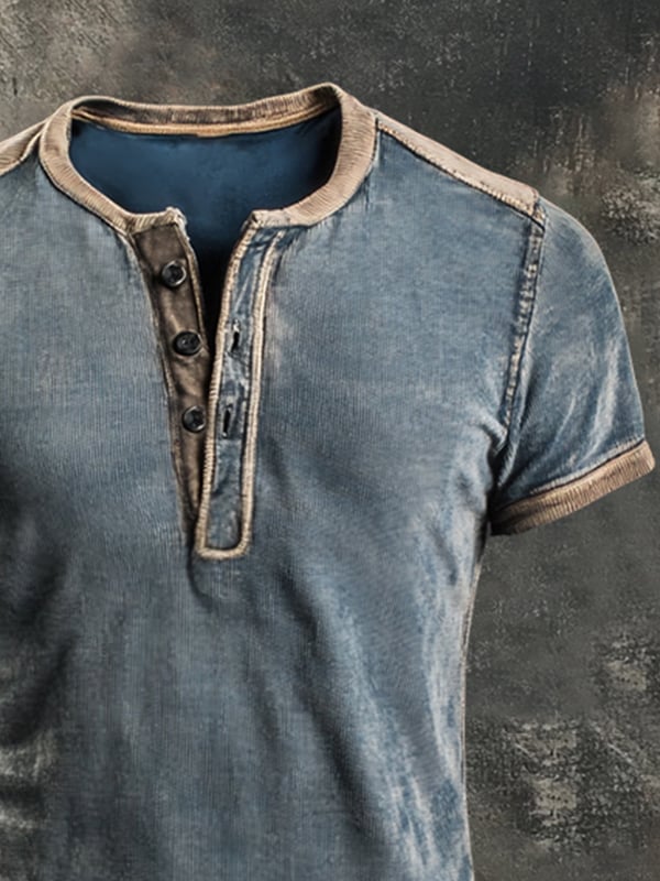 Retro Stil Casual Henley T-skjorte med Fargeblokker for Menn