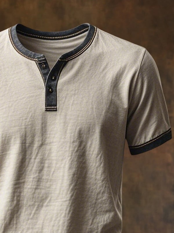 Casual Henley T-skjorte med Korte Ermer i Slitt Stil og Vintage Fargeblokker for Menn