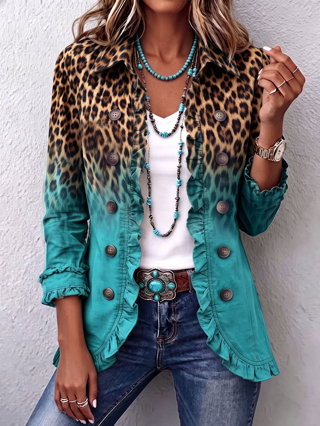 Beatrice | Blazer med Leopardmønster Ombre med Volanger