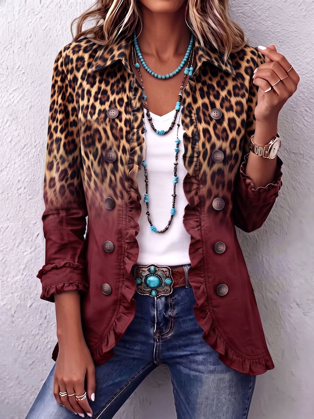 Beatrice | Blazer med Leopardmønster Ombre med Volanger