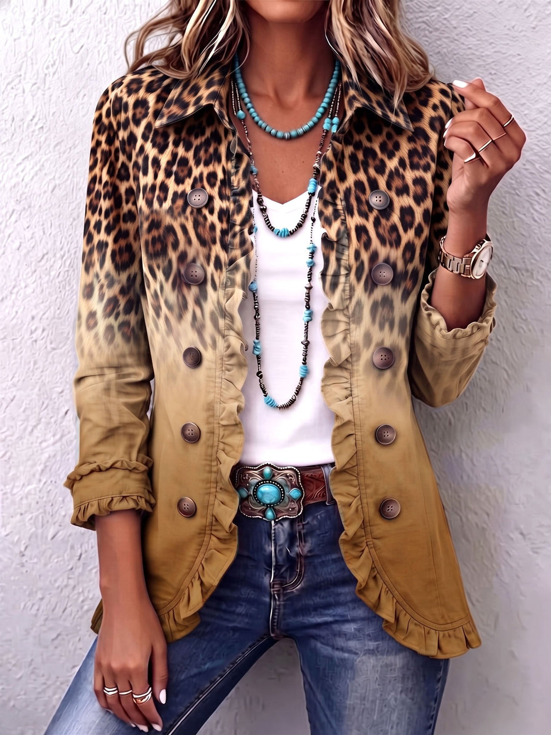 Beatrice | Blazer med Leopardmønster Ombre med Volanger
