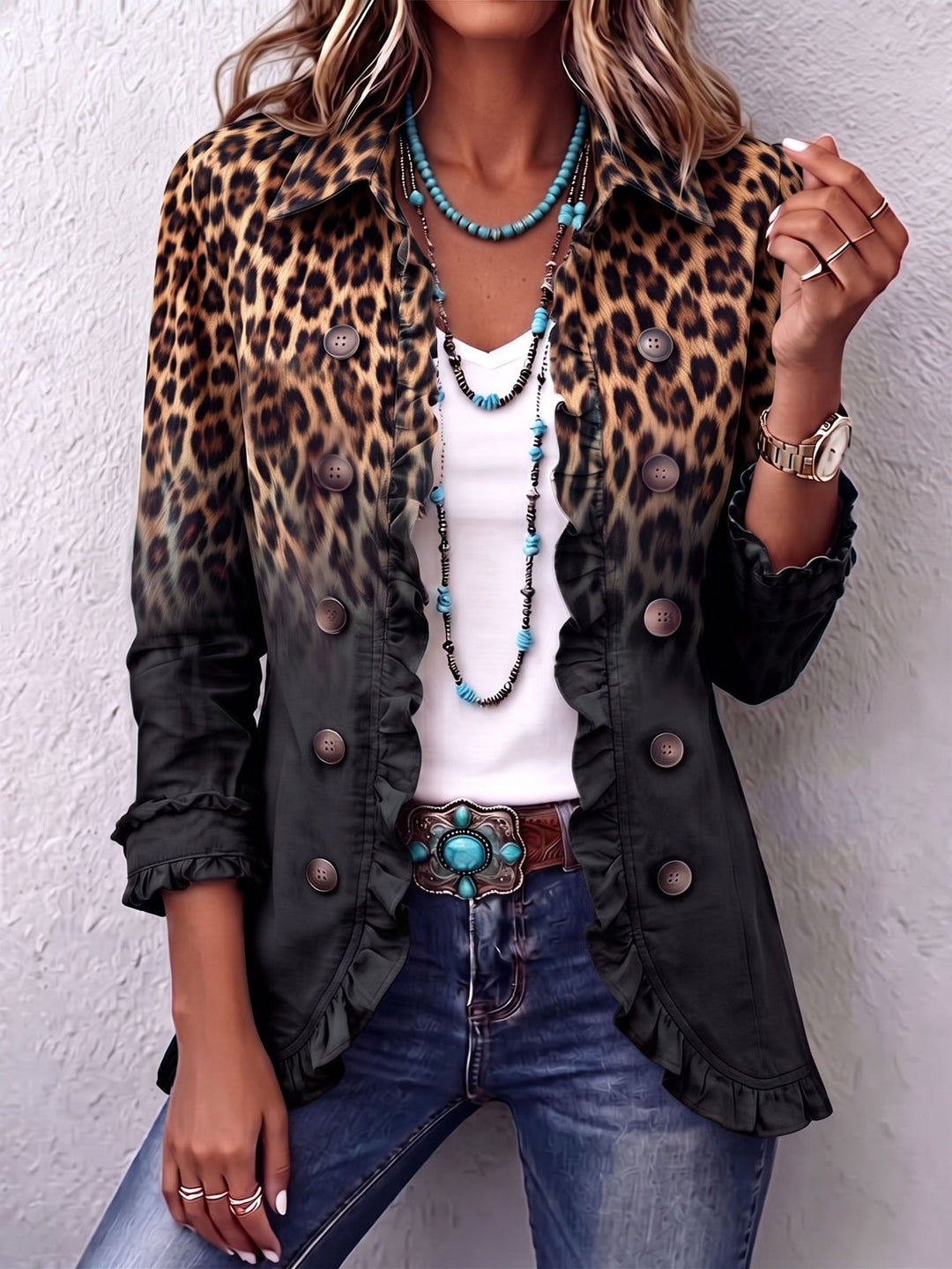 Valentina | Leopardmønstret Blazer med Ombre og Volanger