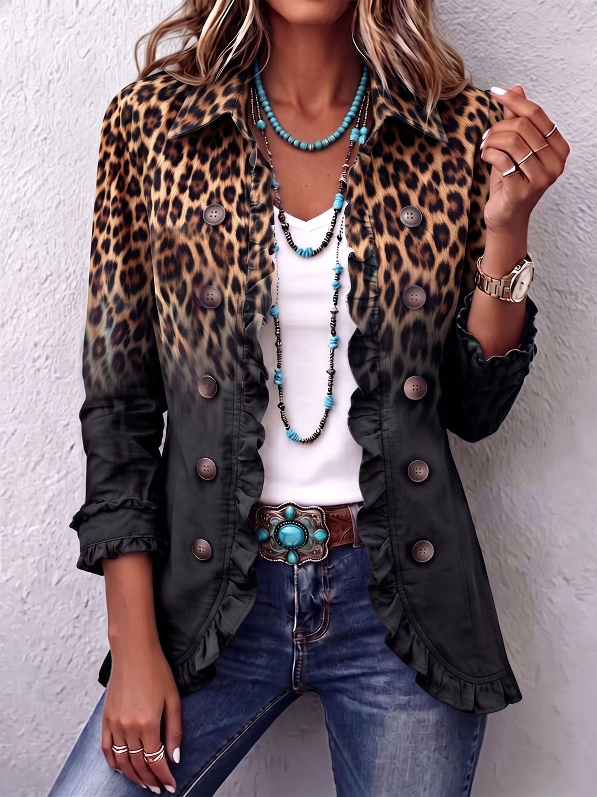 Valentina | Leopardmønstret Blazer med Ombre og Volanger