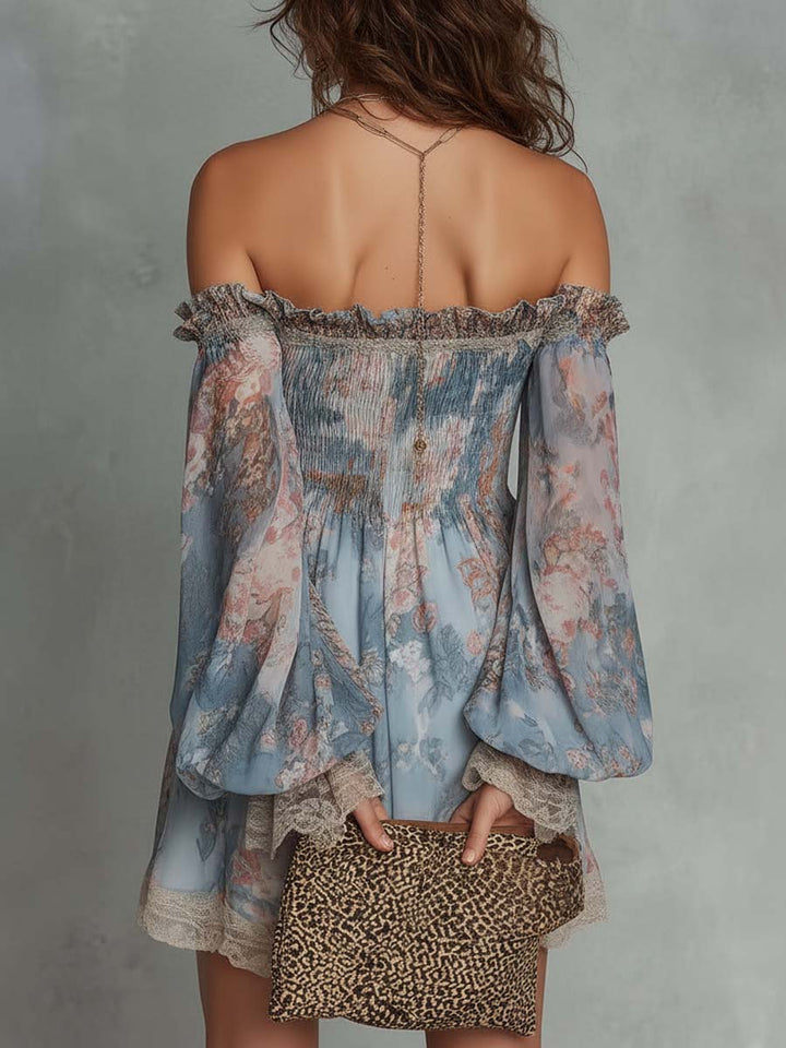Romane | Rynket mini-kjole i chiffon med bare skuldre og romantiske blomster