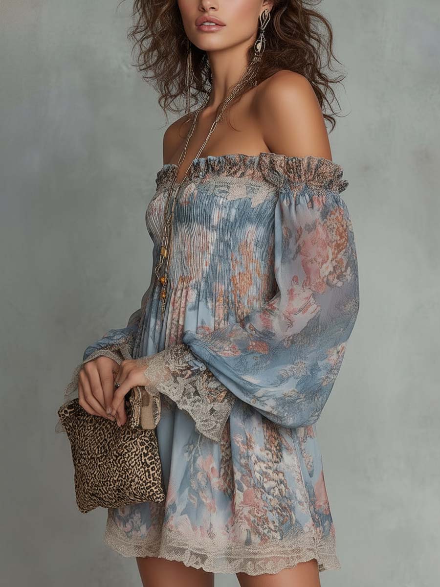 Romane | Rynket mini-kjole i chiffon med bare skuldre og romantiske blomster