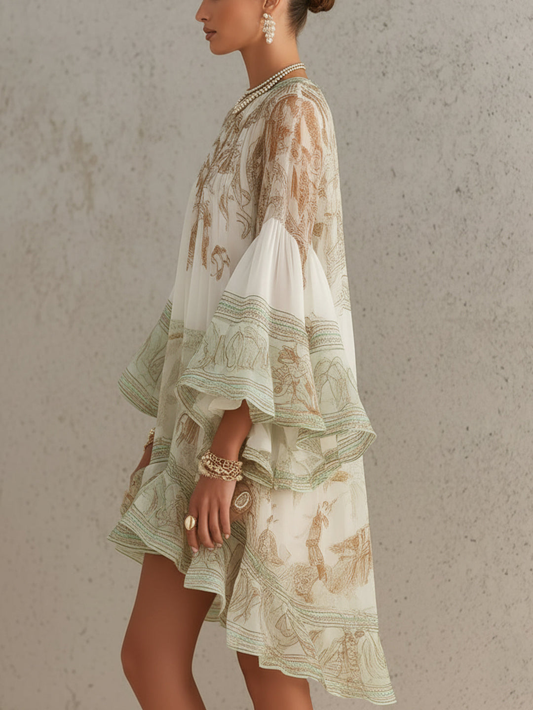 Rosalie | Mini-kjole i chiffon med volangerm og grønnstripet kant