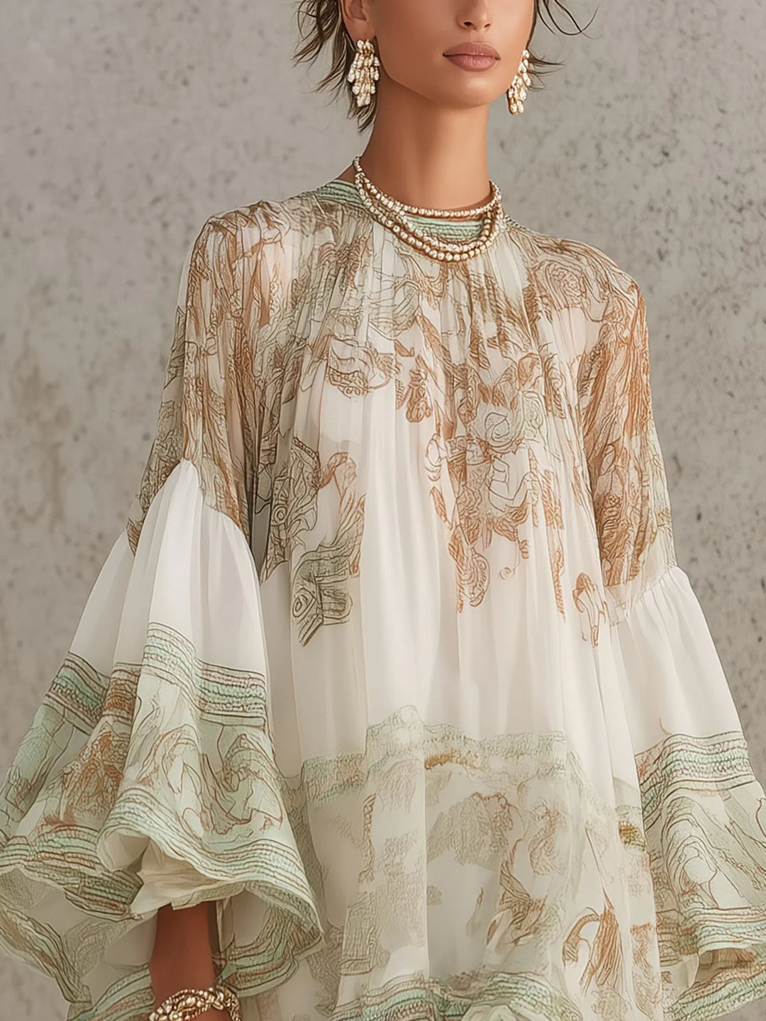 Rosalie | Mini-kjole i chiffon med volangerm og grønnstripet kant