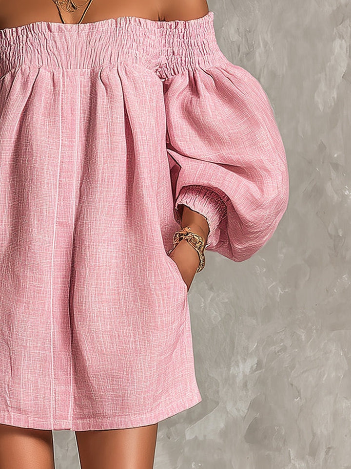 Violette | Rosa A-linje mini-kjole med lanternermuffer og bare skuldre